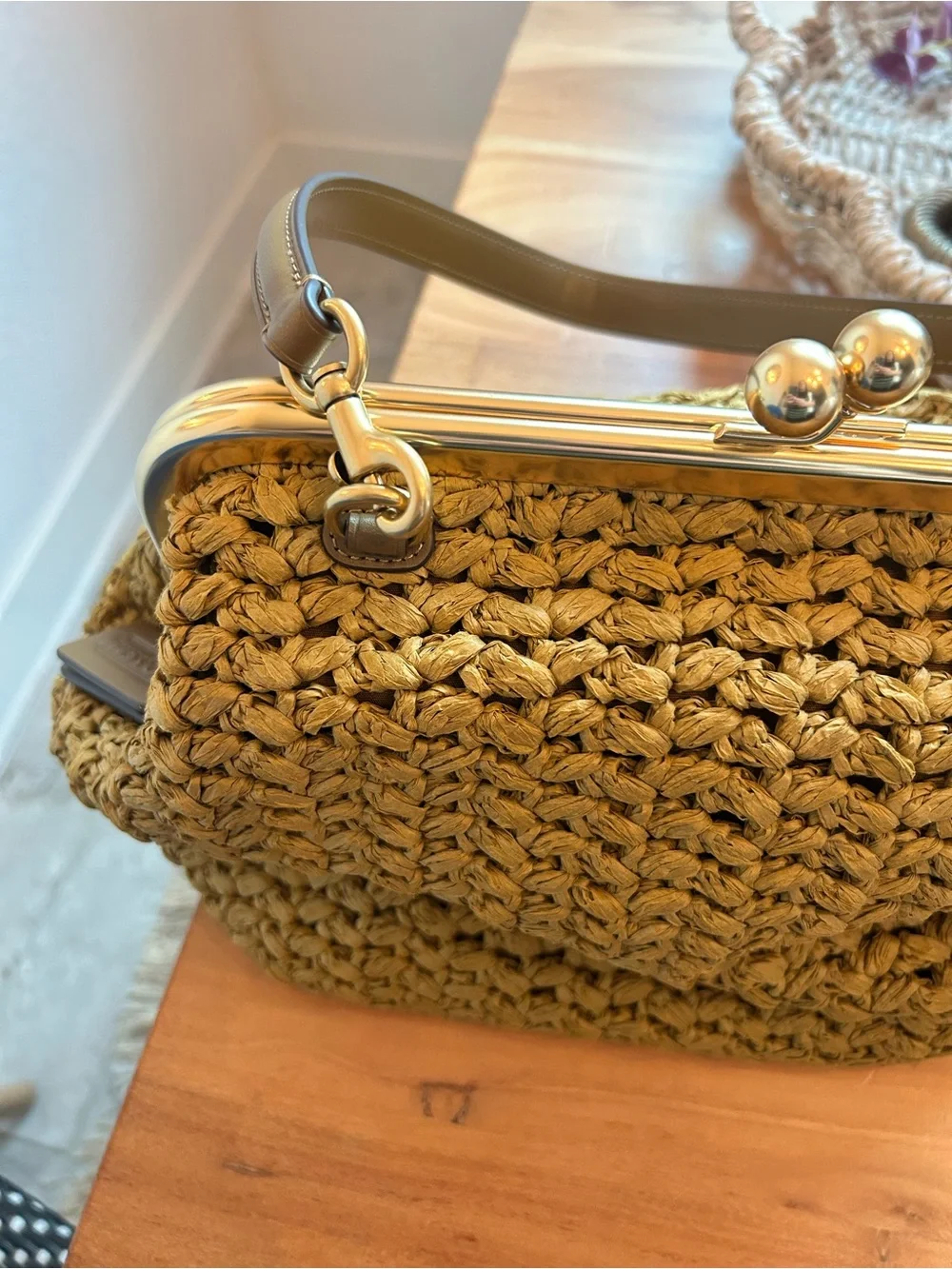 NWT Coach Kisslock Frame Bag 27 Brass Muted Olive Raffia - Picture 5 of 10